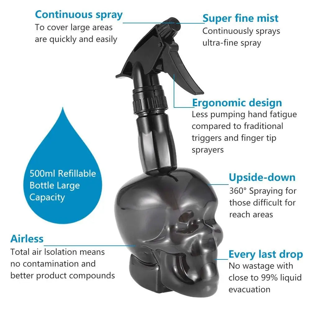 Barber Continuous Spray Bottle Hairdressing Fine Mist Watering Can Skull Shape Refillable Container Hair Stylist Tools